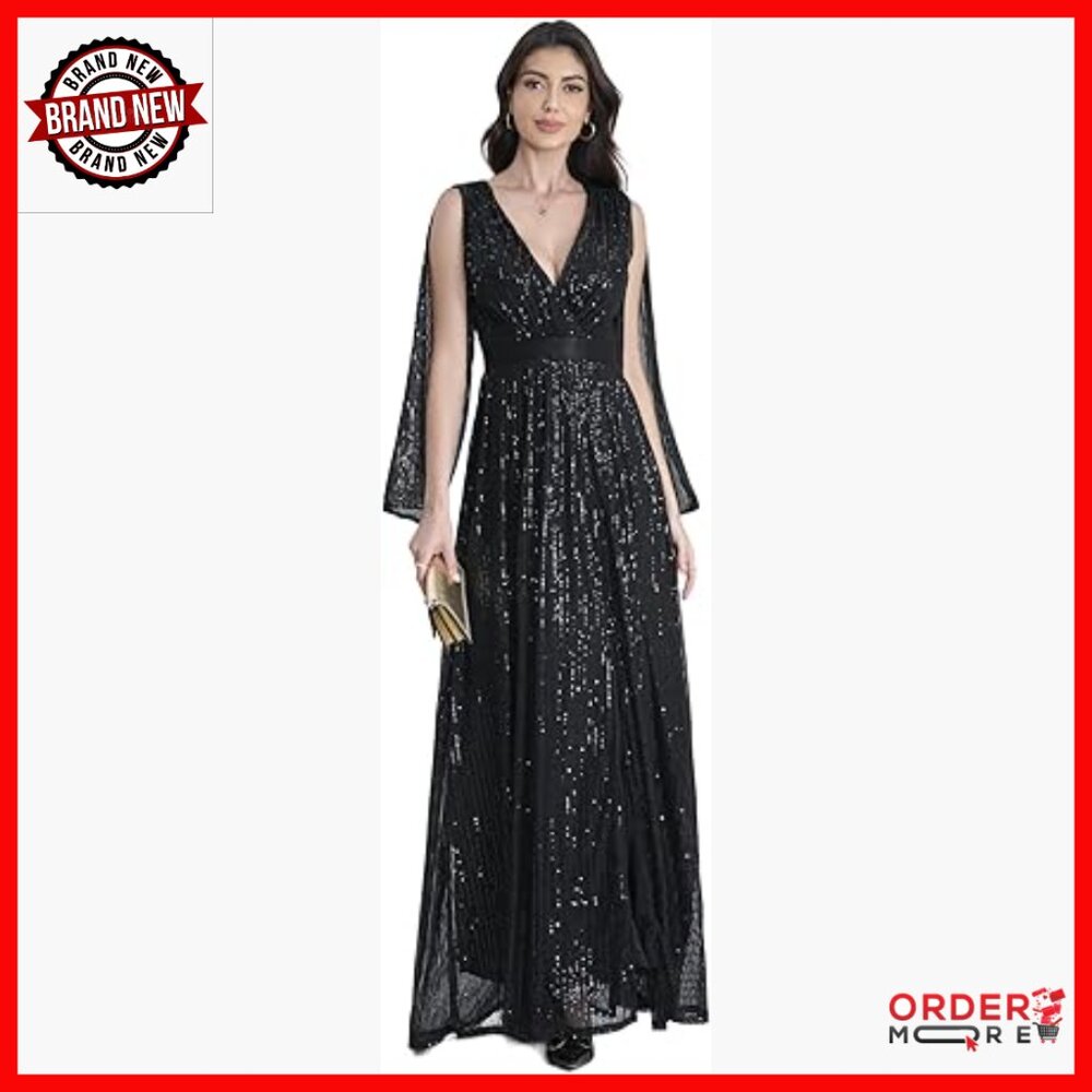 Sequin Maxi Dress Deep V Neck Long Sleeve Formal Evening Gown